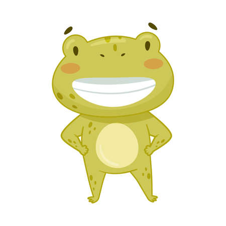 Cute happy frog. Green funny amphibian toad character cartoon vector illustrationのイラスト素材