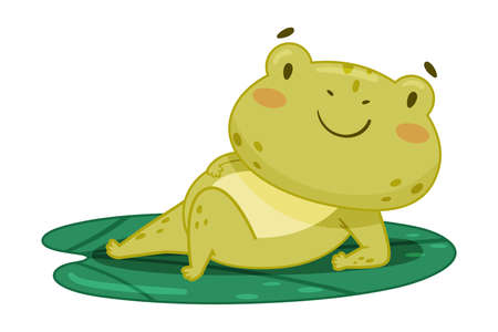 Cute frog lying on lotus leaf in pond. Green funny amphibian toad character cartoon vector illustrationのイラスト素材