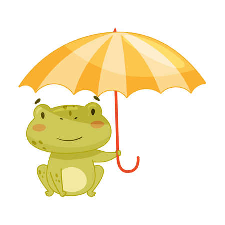 Cute frog walking with umbrella. Green funny amphibian toad character cartoon vector illustrationのイラスト素材