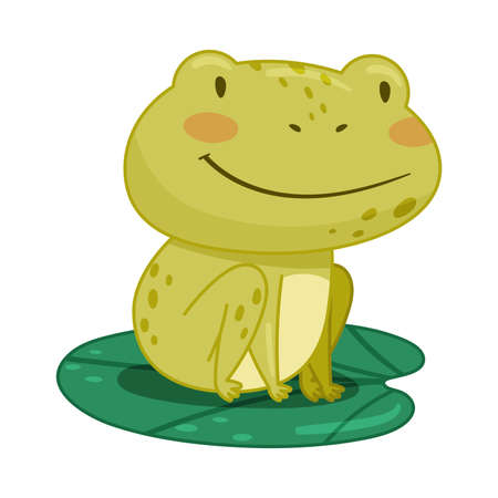 Cute frog sitting on lotus leaf in pond. Green funny amphibian toad character cartoon vector illustrationのイラスト素材