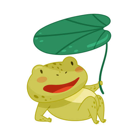 Cute frog lying under lotus leaf. Green funny amphibian toad character cartoon vector illustrationのイラスト素材