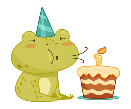 Cute frog in party hat blowing candle on birthday cake. Green funny amphibian toad character cartoon vector illustrationのイラスト素材