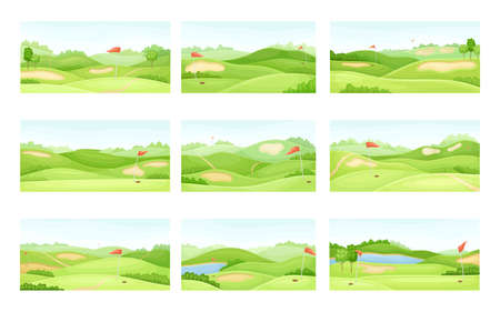 Countryside golf courses with holes, sand traps and red flags set. Green summer beautiful landscapes vector illustrationのイラスト素材