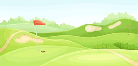 Green golf course with hole, red flag and sand traps. Play tournament, competition invitation card, poster, banner, template vector illustrationのイラスト素材