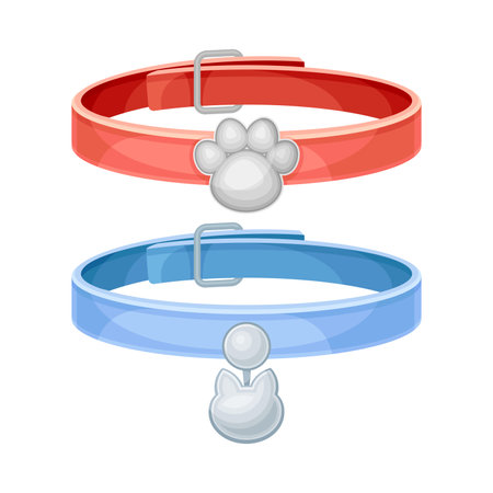 Cat and dog collars. Pet animals blue and red necklaces vector illustrationのイラスト素材