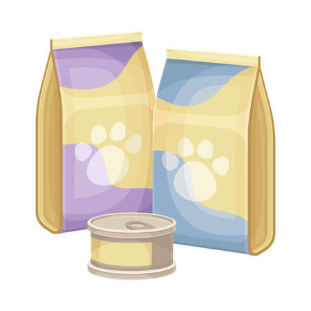 Pet animals food packagings. Petshop products vector illustrationのイラスト素材