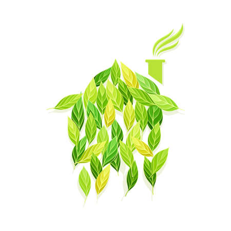 Factory building industry symbol made of green leaves, emblem, creative ecology sign design vector illustrationのイラスト素材