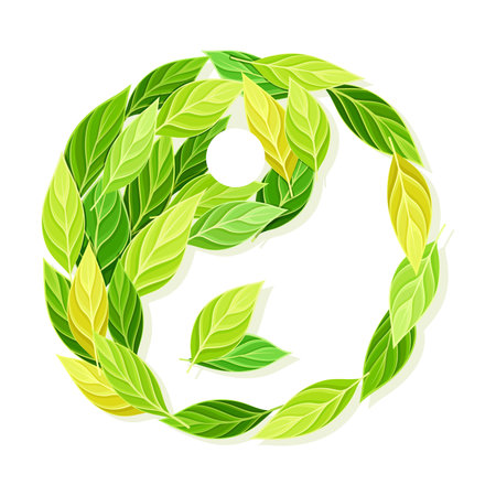 Yin Yang symbol made of green leaves, emblem, creative sign design vector illustrationのイラスト素材