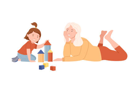 Grandma and granddaughter playing toy blocks together. People spending time together and gaming cartoon vector illustrationのイラスト素材