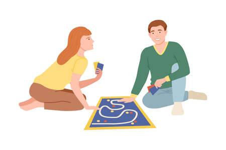 Family couple sitting on floor and playing adventure board game. People spending pastime together at home cartoon vector illustrationのイラスト素材