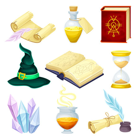 Magic objects set. Glass bottle with potion, witch hat, book, crystal, paper scroll cartoon vector illustrationのイラスト素材