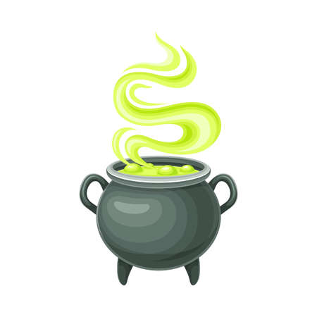 Witch cauldron with bubbling green potion. Magic object cartoon vector illustrationのイラスト素材