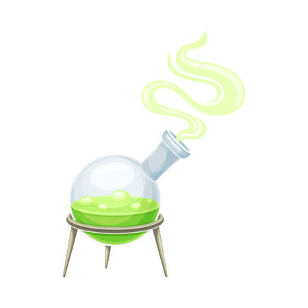 Magic bottle with boiling potion. Flask with green magical elixir cartoon vector illustrationのイラスト素材
