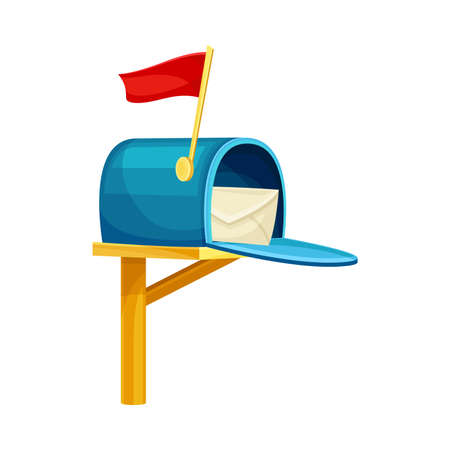 Opened mailbox for letters and newspapers. Blue retro post box for correspondence delivery flat vector illustrationのイラスト素材