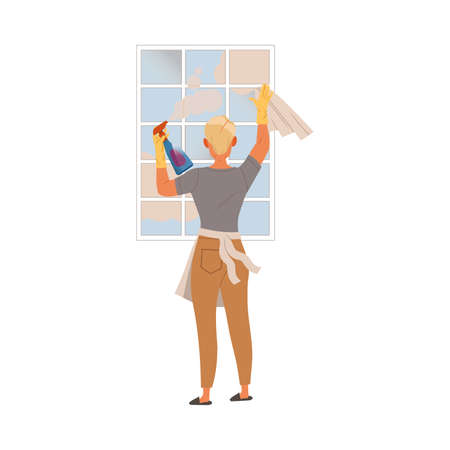 Man washing window at home. Househusband at everyday routine cartoon vector illustrationのイラスト素材