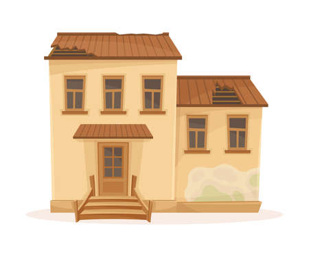 Old abandoned decaying residential suburban house cartoon vector illustrationのイラスト素材