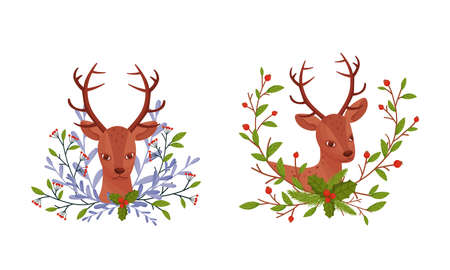 Cute fawn head among tree branches with berries cartoon vector illustrationのイラスト素材