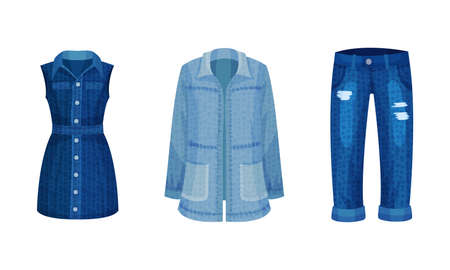 Fashion denim clothes set. Trendy female jeans, jacket and dress vector illustrationのイラスト素材