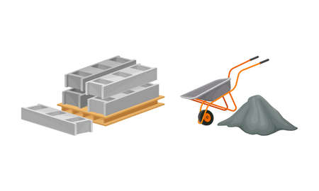 Building construction materials set. Pallet of concrete blocks and wheelbarrow vector illustrationのイラスト素材