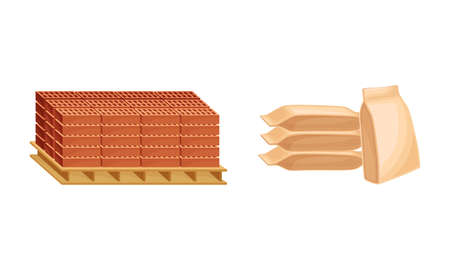 Building construction materials set. Pallets of bricks and concrete sacks vector illustrationのイラスト素材