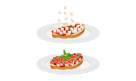 Bruschetta cooking set. Toast bread slices with tomato, cheese and meat ingredients vector illustrationのイラスト素材
