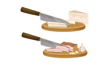 Pasta cooking process set. Slicing ham and cheese on wooden board vector illustrationのイラスト素材