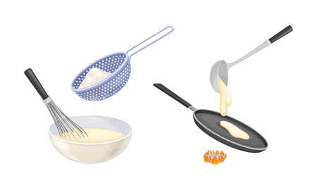 Pancakes cooking process set. Mixing ingredients and frying pancakes in pan vector illustrationのイラスト素材