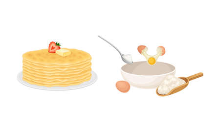 Pancakes cooking process set. Dough preparing and stack of freshly prepared pancakes vector illustrationのイラスト素材
