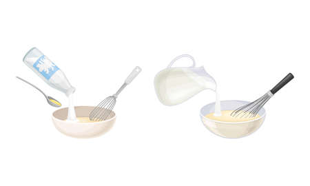 Pancakes cooking process set. Mixing ingredients and dough preparing vector illustrationのイラスト素材