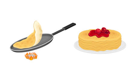 Pancakes cooking process set. Stack of freshly prepared pancakes and frying pan on burner vector illustrationのイラスト素材