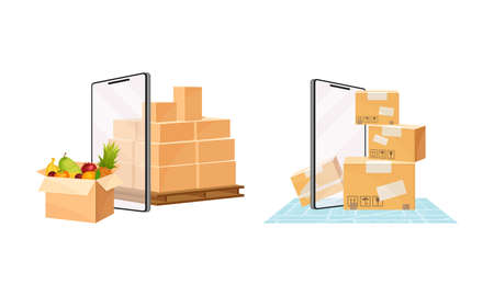 Delivery service set. Online order tracking technology and logistics concept vector illustrationのイラスト素材