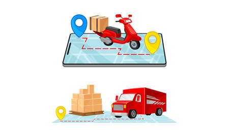 Delivery service set. Truck and scooter delivering parcel box. Online order tracking technology and logistics concept vector illustrationのイラスト素材