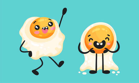 Fried eggs funny breakfast characters set vector illustrationのイラスト素材