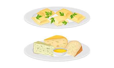 Italian cuisine dishes set. Ravioli and different types of cheese vector illustrationのイラスト素材