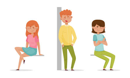 People sitting and standing leaned against the wall set. Cheerful relaxed girls and boys characters cartoon vector illustrationのイラスト素材