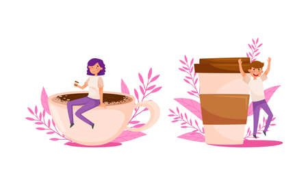 Coffee lovers concept. Cheerful tiny people drinking aroma drink cartoon vector illustrationのイラスト素材