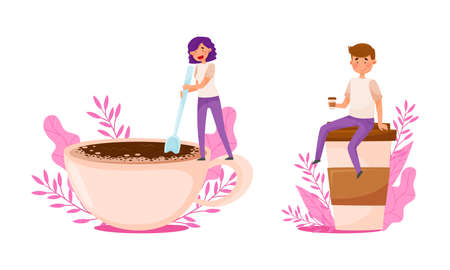 Coffee lovers concept. People drinking hot aroma beverage cartoon vector illustrationのイラスト素材