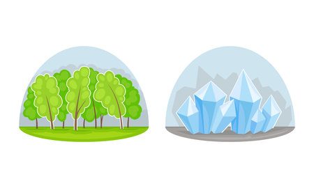 Summer deciduous forest. Gemstone, ice shard crystals vector illustration on white backgroundのイラスト素材