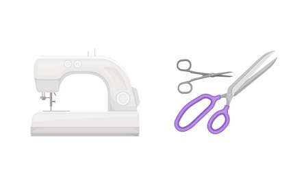 Sewing tools set. Sewing machine, scissors and shears tailoring supplies vector illustrationのイラスト素材