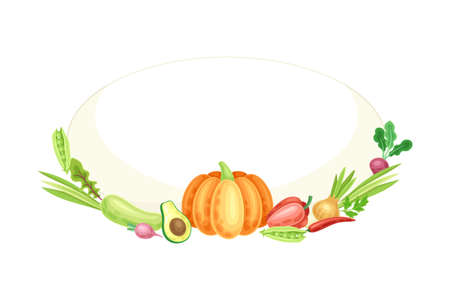 Bright Oval Vegetable Frame with Ripe and Fresh Garden Cultivar Vector Illustrationのイラスト素材