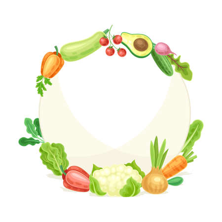 Bright Round Vegetable Frame with Ripe and Fresh Garden Cultivar Vector Illustrationのイラスト素材