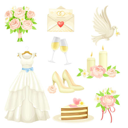 Wedding White Dress, Cake and Flower Bouquet Vector Setのイラスト素材
