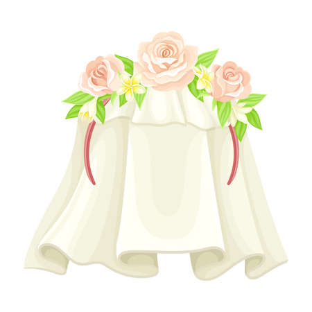Wedding or Bridal White Veil Decorated with Pink Rose Flower Closeup Vector Illustrationのイラスト素材