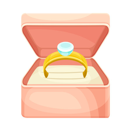 Wedding Golden Ring with Gem Rested in Pink Box Closeup Vector Illustrationのイラスト素材