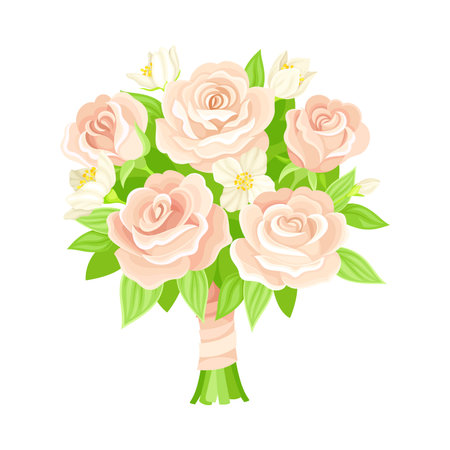 Wedding Bunch of Flowers Tied with Silk Ribbon Closeup Vector Illustrationのイラスト素材