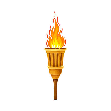 Torch with Brightly Burning Fire on Top as Ignited Light Source Vector Illustrationのイラスト素材
