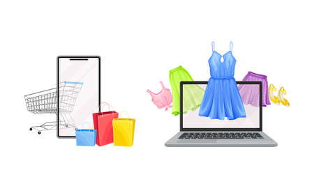 Shopping with smartphone and laptop set. Online store, electronic business commerce concept vector illustrationのイラスト素材