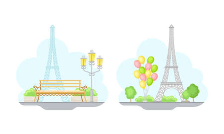Paris symbols set. The Eiffel Tower France sign vector illustrationのイラスト素材