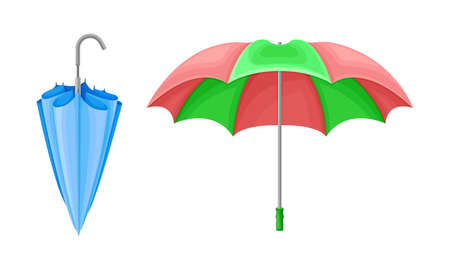 Closed and Open Umbrella as Waterproof Protective Accessory for Rainy Weather Vector Setのイラスト素材