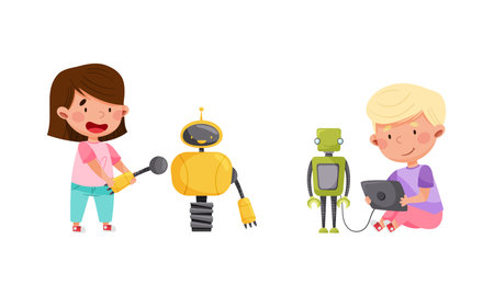 Smiling Little Boy and Girl Engineering and Configurating Robot Vector Setのイラスト素材